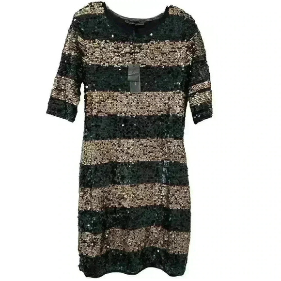 BCBGMAXAZRIA NWT Marta Black Gold Dress Size L Allover Sequin Striped Sheath - Picture 4 of 11